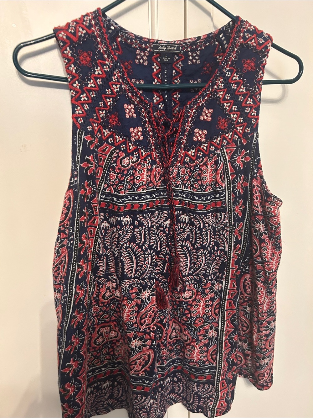 Lucky Brand Navy and Red Paisley Boho Printed Tassel Tank Womens Size Large